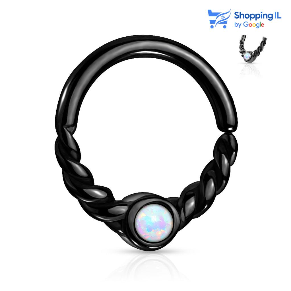 חישוק קליף מצופה זהב - עגיל חישוק עשוי מתכת רפואית, סגירת החישוק מתבצעת בעזרת כיפוף. העגיל בעיצוב חישוק מלופף מצופה זהב, ומשובץ אבן אופל לבנה במרכז. צבע - זהב, שחור, כסף  מידה - מגיע בעובי של 1.2 מ"מ ובקוטר 8 מ"מ  העגיל מיועד בעיקר לאזורים הבאים: - פירסינג ספטום - פירסינג טראגוס - פירסינג הליקס