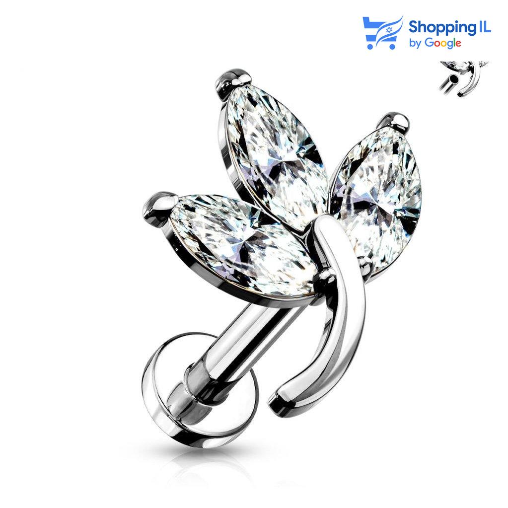 עגיל עלה נידף - עשוי מתכת רפואית בעלת הברגה פנימית. העגיל בעיצוב עלה נידף משובץ זירקונים כעלי כותרת. צבע - כסוף מידה - מגיע בעובי של 1.2 מ"מ ובאורך 8 מ"מ  העגיל מיועד בעיקר לאזורים הבאים: - פירסינג קונץ' - פירסינג הליקס - כמובן שניתן לענוד את העגיל גם באזורים אחרים (: