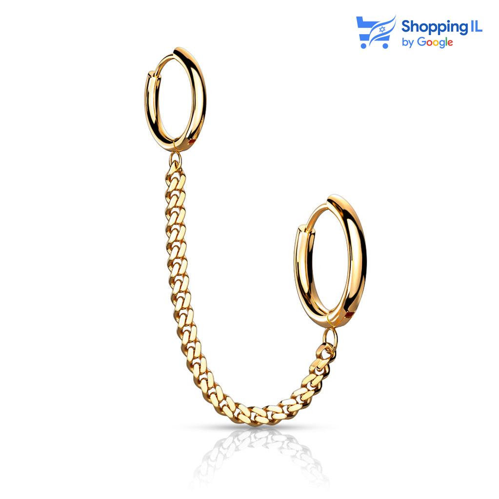 דאבל קליק  - עשוי מתכת רפואית. העגיל בעיצוב זוג חישוקים מחוברים בעזרת שרשרת. צבע - כסוף מידה - מגיע בעובי של 1 מ"מ החישוקים בקוטר של 10&8 מ"מ  העגיל מיועד בעיקר לאזורים הבאים: - זוג נקבים בתנוך - כמובן שניתן לענוד את העגיל גם באזורים אחרים (: