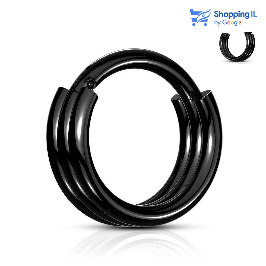 חישוק Triple ring - חישוק עשוי מתכת רפואית עם סגירת קליקר. העגיל בעיצוב שלושה חישוקים צמודים. צבע - כסוף, זהב, שחור מידה - מגיע בעובי של 1.2 מ"מ ובקוטר 8/10 מ"מ  העגיל מיועד בעיקר לאזורים הבאים: - פירסינג הליקס - פירסינג פיטמה - פירסינג ספטום - כמובן שניתן לענוד את העגיל גם באזורים אחרים (: